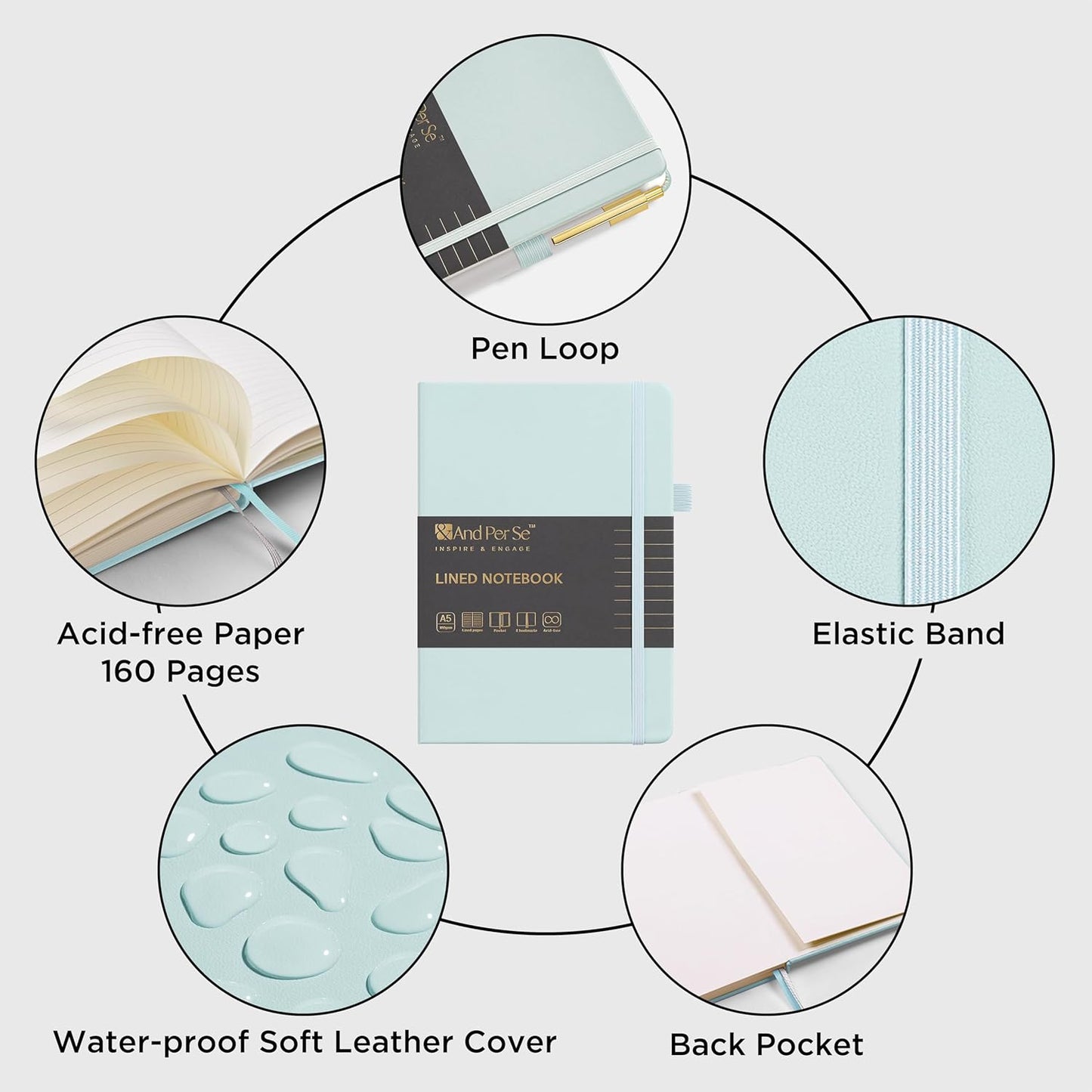 &And Per Se Lined Journal and Pen Set (3 packs), A5 Leather Journal Stationery Set, 160 Pages 100GSM Thick Paper, Notebook Gift Set (Cyan)