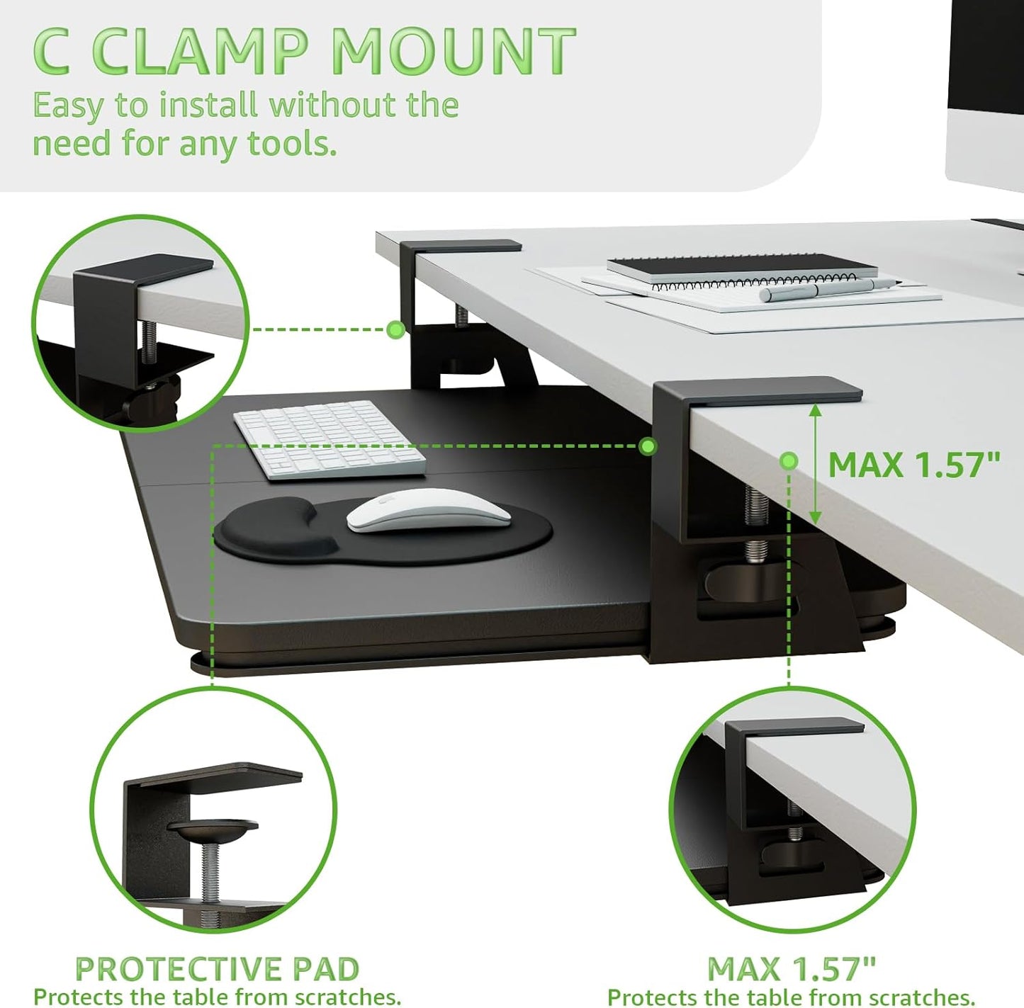 Desktop Keyboard Tray, Under Desk Pull Out, 26.77" X 11.81" Large Size Keyboard Tray with C-Clip Mount, Easy Installation, Computer Keyboard Stand, for Home Study and Office