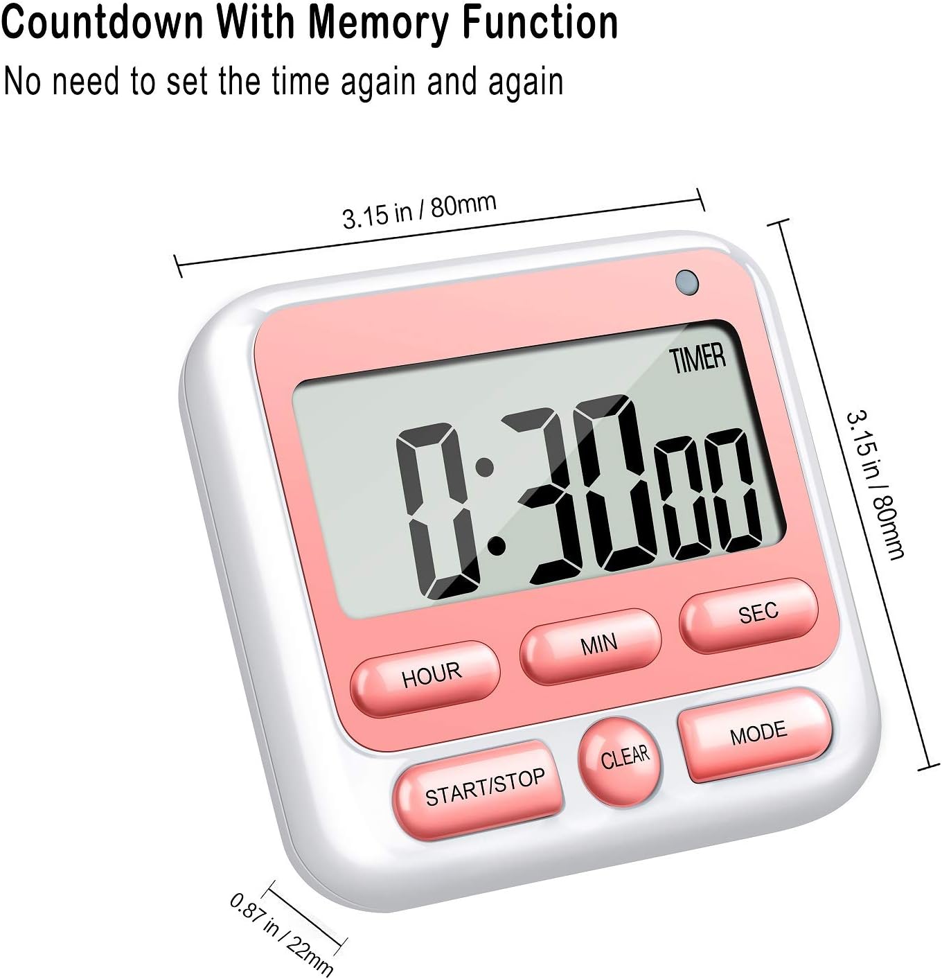 KTKUDY Digital Kitchen Timer with Mute/Loud Alarm Switch ON/Off Switch, 12-Hour Clock & Alarm, Memory Function Count Up & Count Down for Kids Teachers Cooking, Large LCD Display, Strong Magnet (Pink)