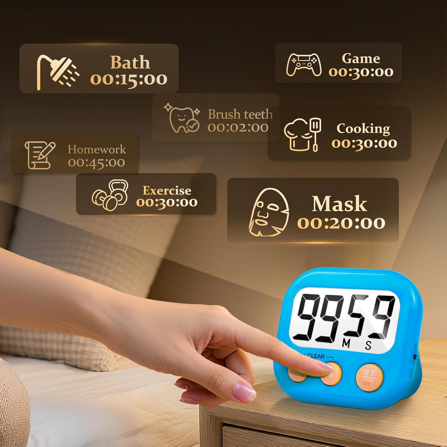 6 Pack Digital Kitchen Timer Small Classroom Timers for Kids Teachers (Blue&White)