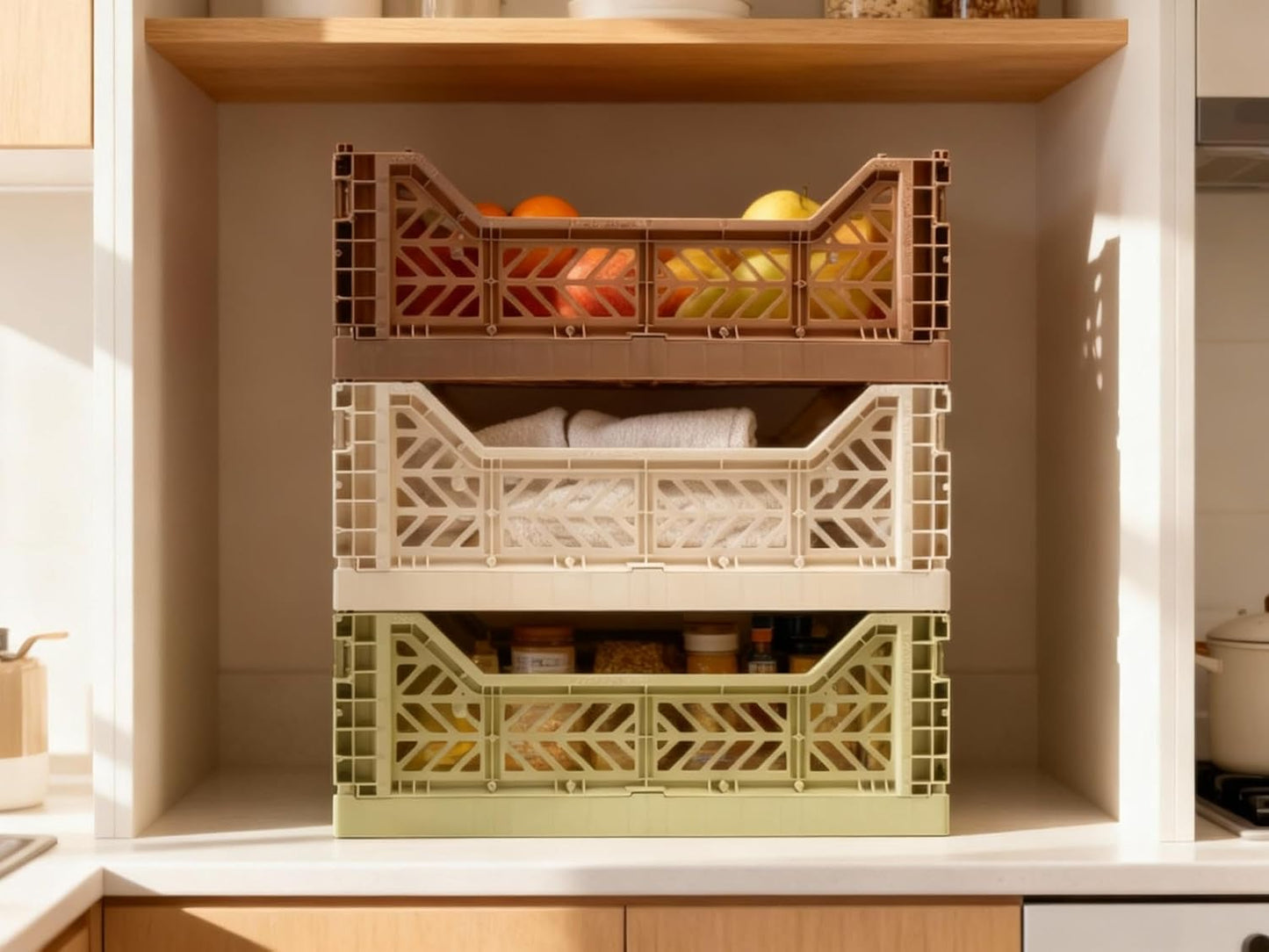 Collapsible Storage Box, Foldable Crate Organizer Bin with Handle, Stackable Crates for Home Organization (WarmTaupe-Lime-Coconut, 14L - 3 Pack)