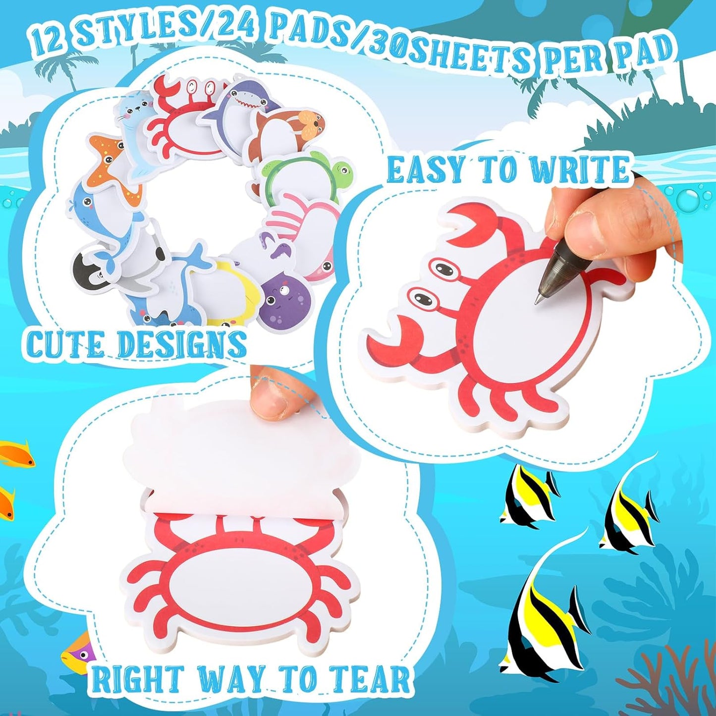 Yinder 24 Pads Cute Sticky Notes Fun Kawaii Animal Sticky Notes Pads Bulk Cartoon Memo Self Adhesive Gift for Christmas Veterinary Office School Tab Party Supplies(Ocean Animals)