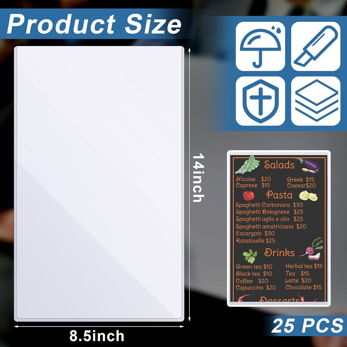 Henoyso 25 Pcs 8.5" x 14" Menu Cover Rigid Print Protectors Clear Heavy Duty Menu Holder Poster Protector Sleeve Hard Plastic Paper Sleeves for Page Sheet Photographs Document Birth Certificate