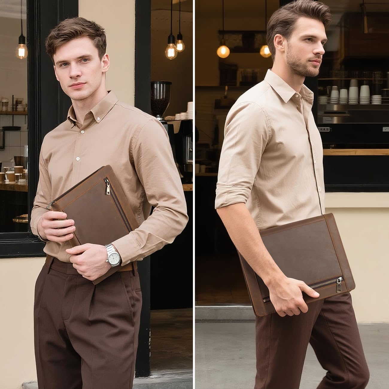 Augus Genuine Leather Portfolio with Zipper for Men/Women, Padfolio Business Resume A4/Pad, Folder Organizer, with Document Pocket, ID Window, Card Slots, Pen Holders (Brown)