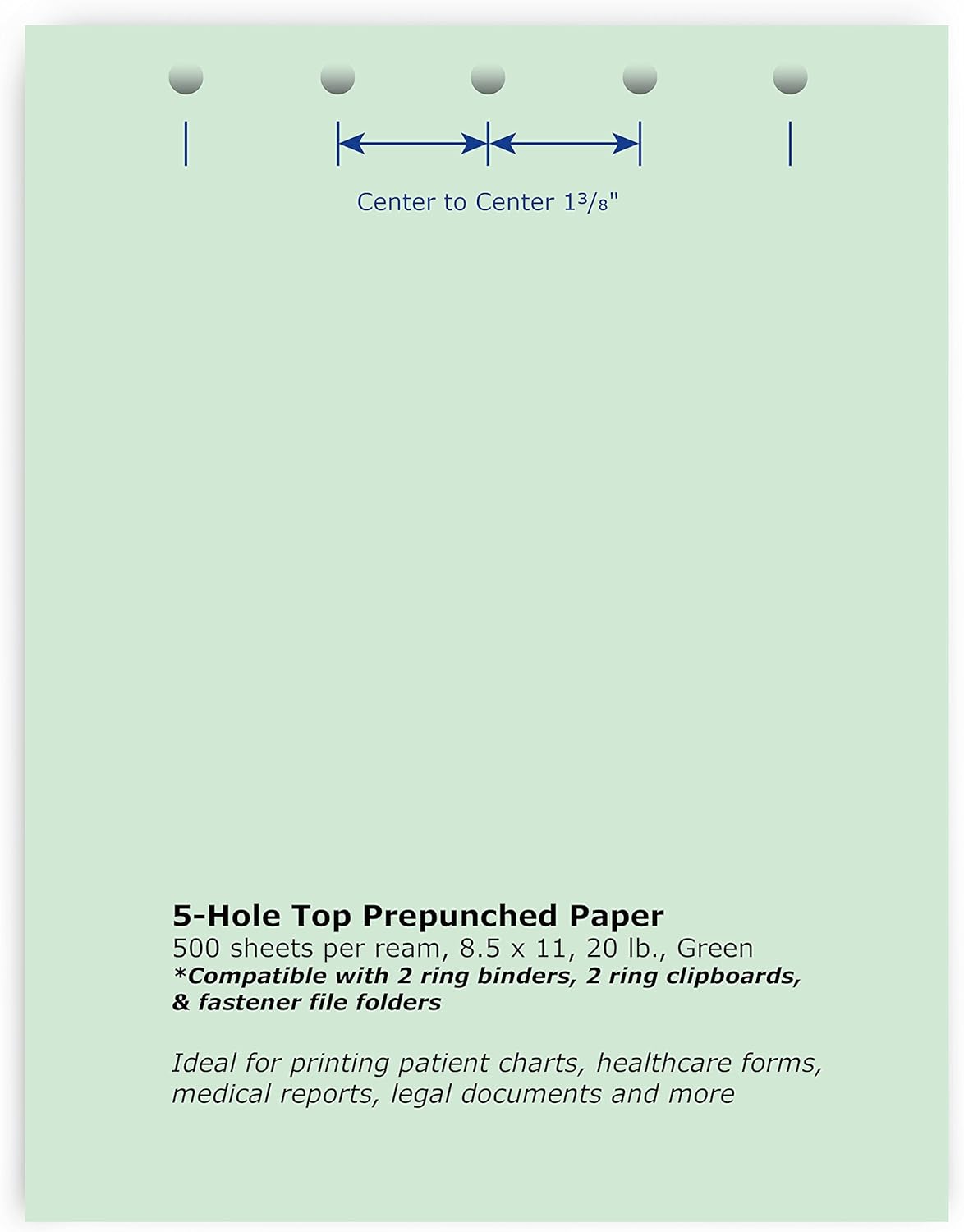 PrintWorks Professional Pre Punched Paper, 5 Hole Punch Top For Top Punch Binders & 2 Ring Clipboards & Fastener File Folders, 8.5 x 11, 20 lb., 500 Sheets, Green (04335)