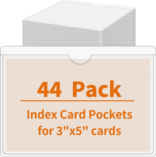 44 Pack Labels for Storage Bins, 3×5 Inches Index Card Holder Organizer, Clear Adhesive Pockets, Plastic Label Holders for Tote Library Card Bins Box Drawer Classroom Organization