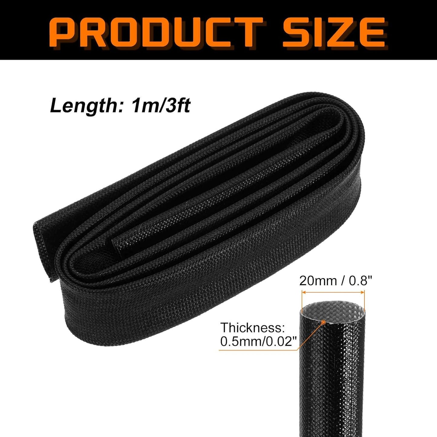 MECCANIXITY 3ft Braided Cable Sleeve, 0.8" ID 200C High Temperature 1500V Fiberglass Wire Insulation Cord Protector Organizer Wires Management for Motor Engine Fuel Line, Black