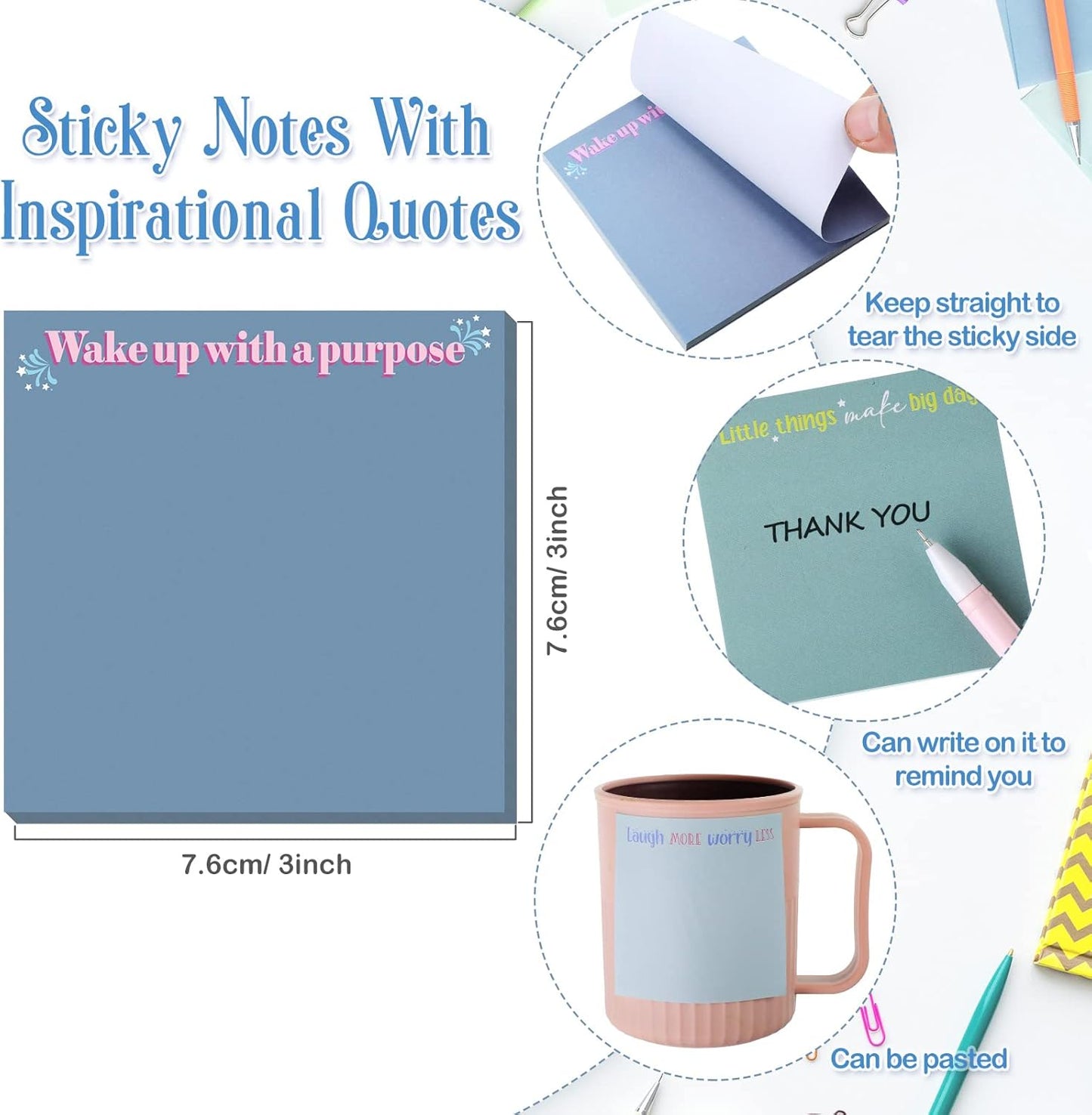 Zonon 12 Pieces Inspirational Sticky Notes 3 x 3 Inch Motivational Fun Notepads Positive Gifts for Teacher Nurse Coworkers Work Studying Supplies(Colorful Style)
