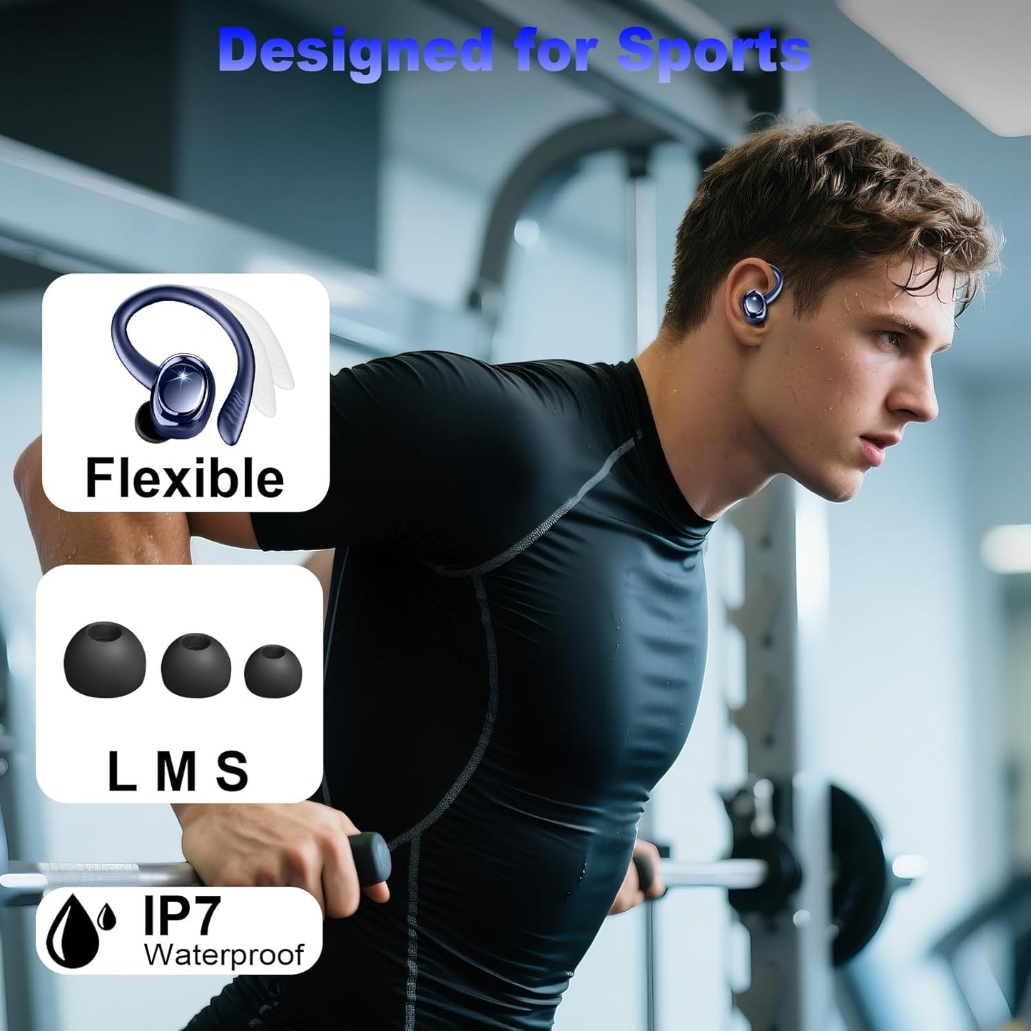 Wireless Earbuds Sport, New Bluetooth 5.4 Headphones with Earhooks, 50H Stereo Deep Bass Over Ear Buds with 4 ENC Noise Canceling Mics, IP7 Waterproof Earphones for Running Workout Gym -Blue