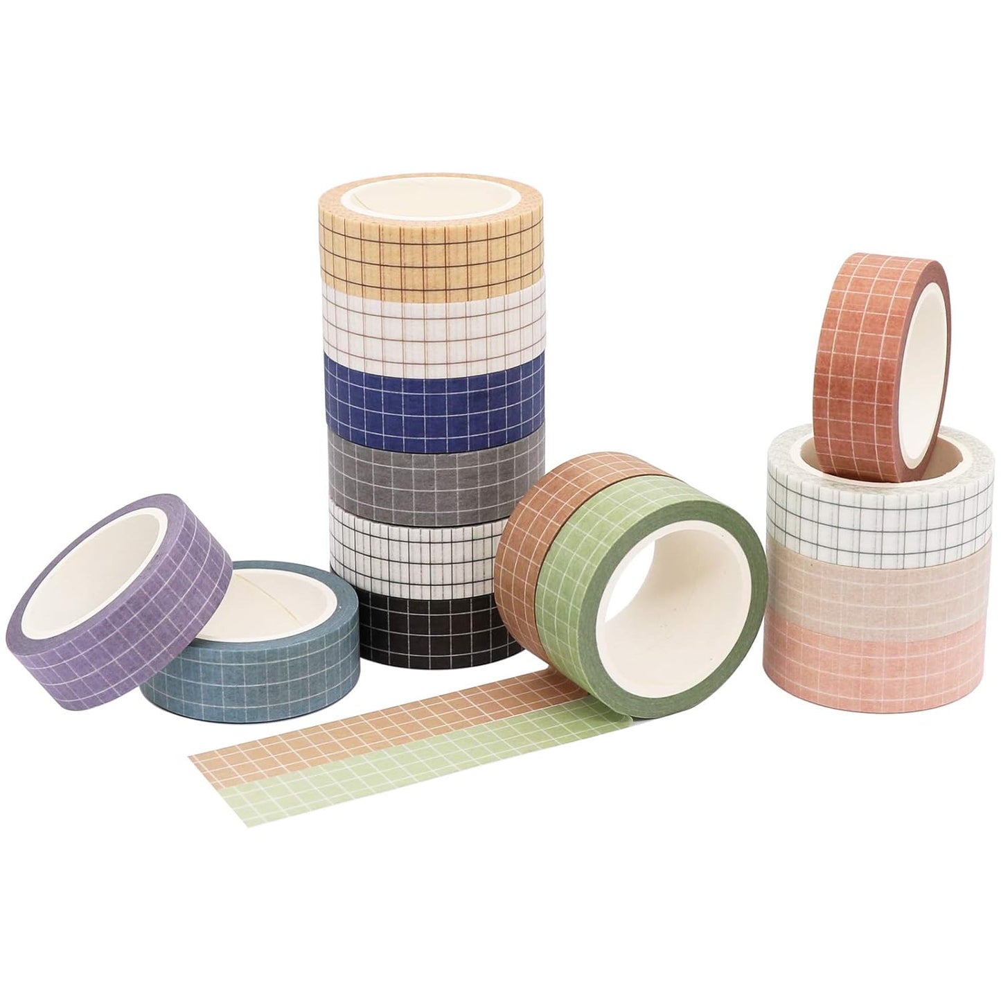 Knaid Grid Washi Tape Set, 14 Rolls of 15 mm Wide Decorative Colored Masking Tapes for Scrapbooking, DIY Decor and Crafts, Bullet Journals, Planners, Junk Journal, Gift Wrapping