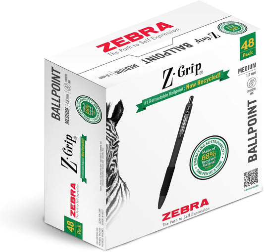 Zebra Pen Z-Grip Recycled Retractable Ballpoint Pens, 1.0mm, Black Ink, Durable Metal Clip, 68% Recycled (GRS Certified; Global Recycled Standards), 48-Pack (20418)