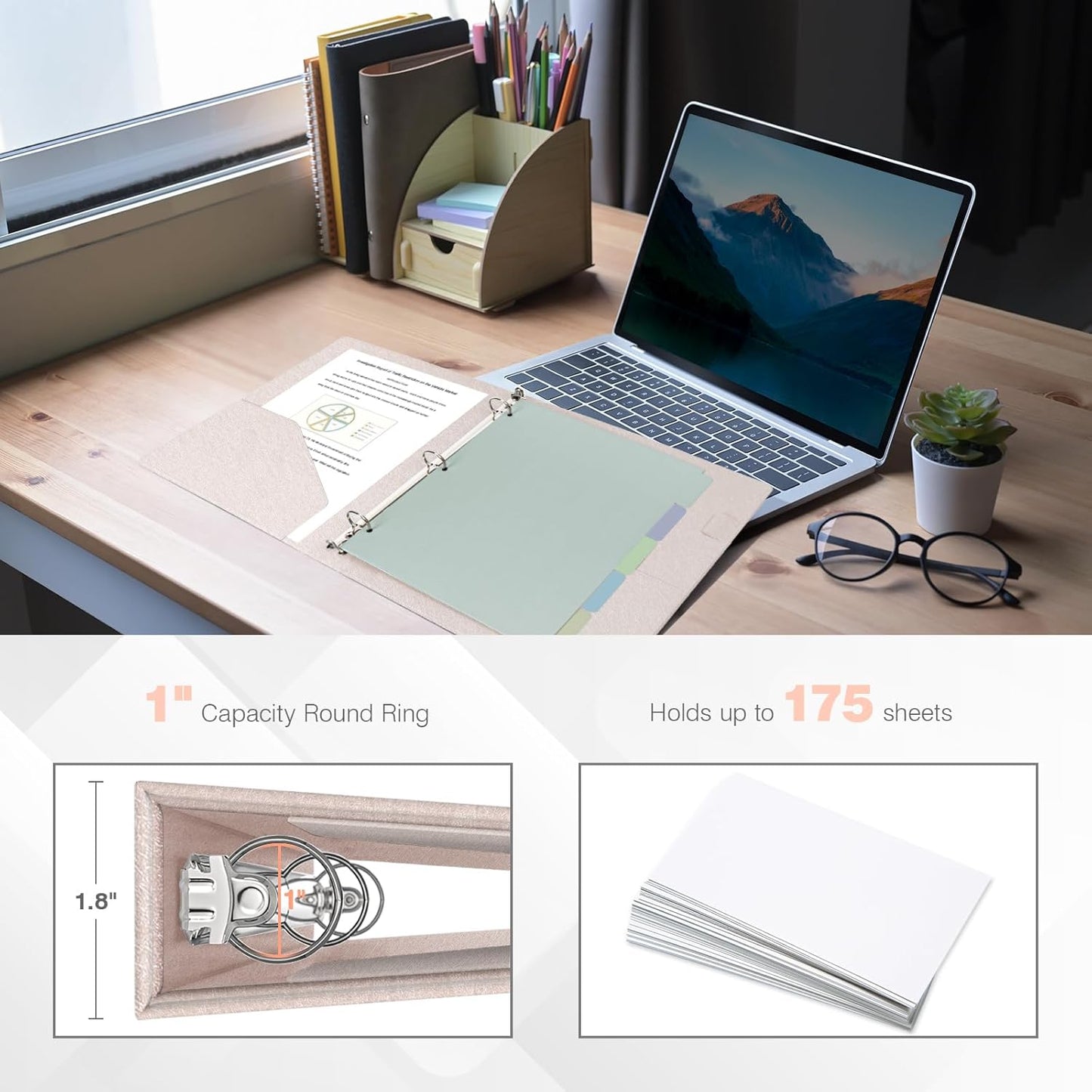 Ospelelf 3 Ring Binder with Clipboard, 1 Inch Leather, Letter Size (8.5" x 11"), Clipboard Binder with 5 Tab Dividers, Rose Gold