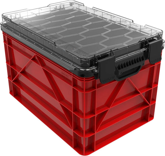 SIDIO Weather Resistant Stackable Storage Bins for Organization - Full-Size Plastic Bin with Dividers for Home Organization, Garage Storage - Heavy Duty Organizer Box (Red)