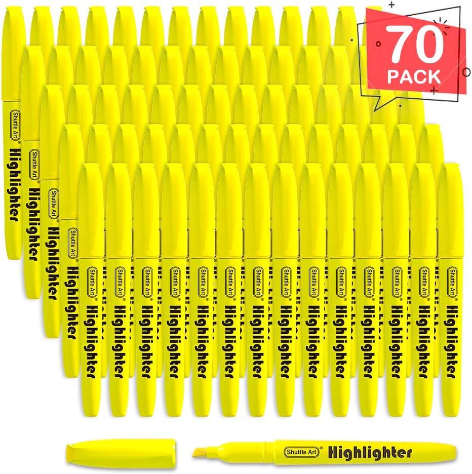 Shuttle Art 70 Pack Highlighters, Yellow Highlighters with Versatile Chisel Tip, Highlighter Markers Bulk in Vibrant Color for Highlighting as Office, School Supplies