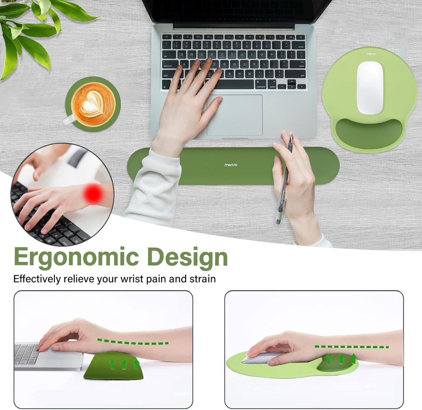 MOSISO Wrist Rest Support for Mouse Pad&Keyboard Set, Circle Curved Ergonomic Mousepad&Coaster Non-Slip Base Home/Office Pain Relief&Easy Typing Pad with Soft Cloth&Silicone Lining, Olive Green