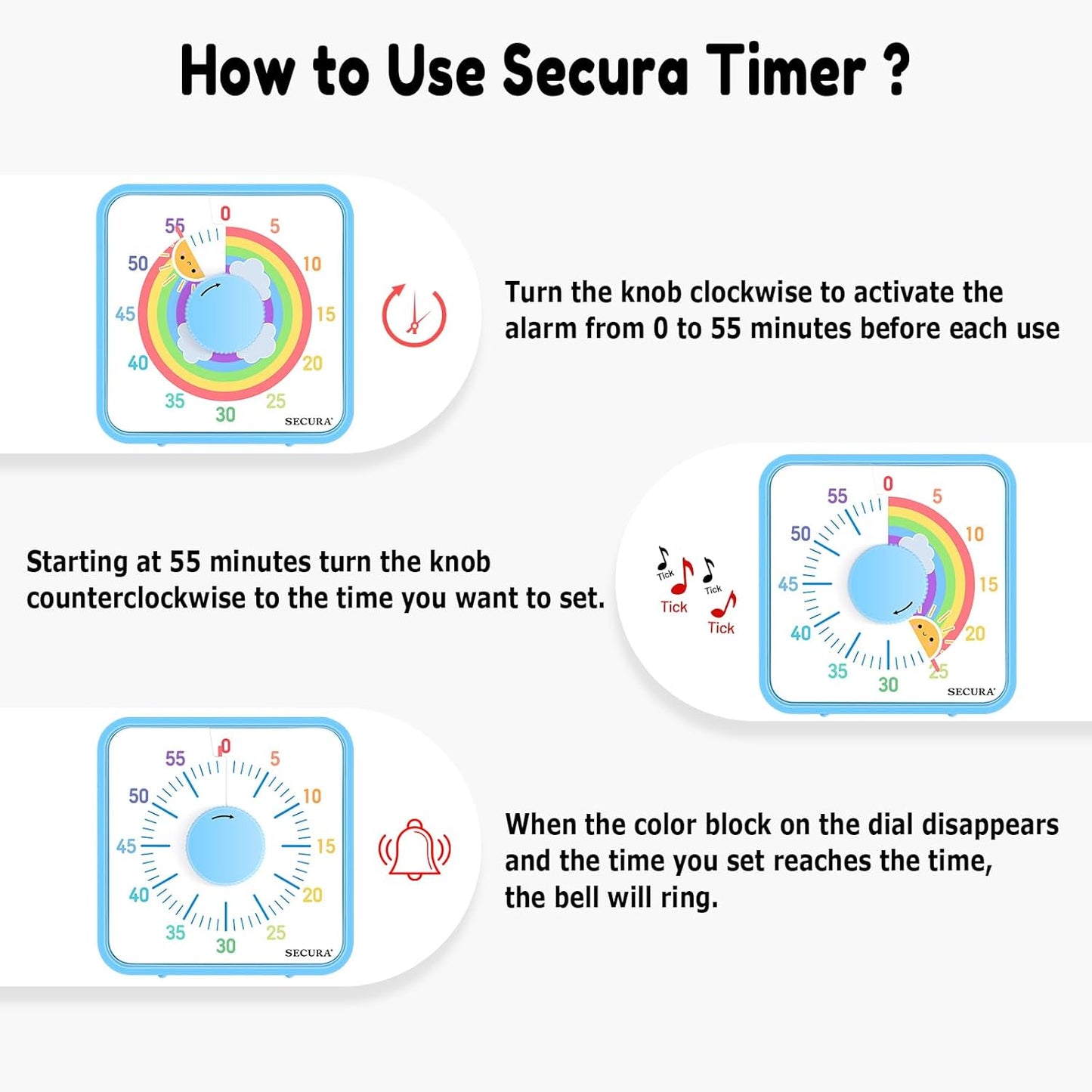 Secura 60-Minute Visual Timer, 7.5 Inch Magnetic Rainbow Countdown Timer for Classroom or Kitchen, Durable Mechanical Timer Clock with Magnetic Backing (Blue & Sun)