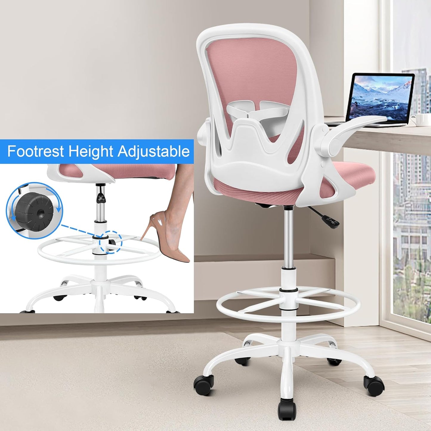 Primy Drafting Chair Tall Office Chair with Flip-up Armrests Executive Ergonomic Computer Standing Desk Chair with Lumbar Support and Adjustable Footrest Ring (Rose Quartz)