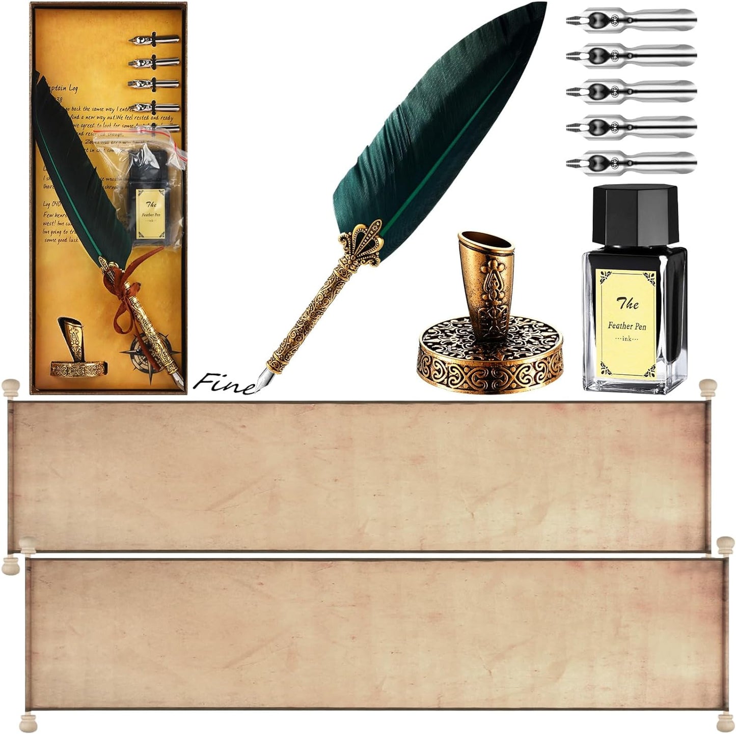 Epakh 2 Blank Scroll Paper with Wood Rods and 1 Feather Pen Set Vintage Christmas Scroll Prop Calligraphy Quill Pen with Nibs Inkwell Stand for Nice List Wedding Vows Writing Cosplay Prop Invitation