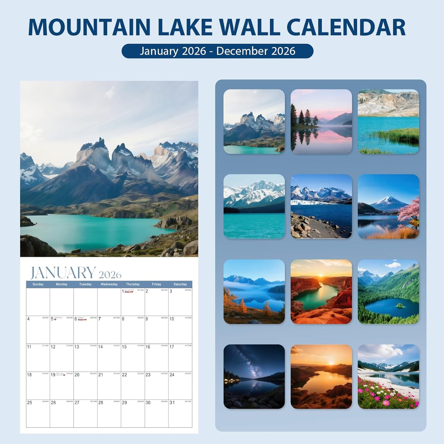 2026 Calendar, 2026 Wall Calendar, Monthly Calendars 12 Month Mountain Lake 12" x 24" Opened, Thick Glossy Paper for Organizing Planning, Ideal for Home Office