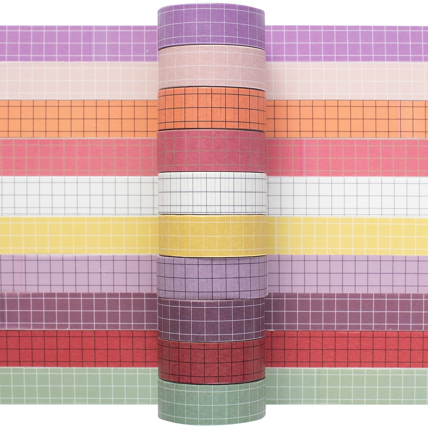 Grid Washi Tape Set 10 Rolls Plaid Decorative Tapes for Journals, Planners, Scrapbooking, Gift Wrapping, DIY Crafts (Tulip)