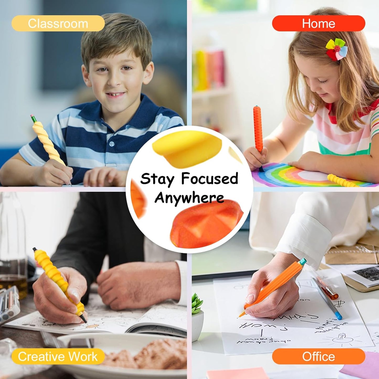 Pencil Grips, 4-Pack Textured Silicone Sleeves for Mechanical Pencils, Sensory Fidget ADHD Tool for Kids and Adults, Quiet Fidget Tools for Classroom Focus, Anxiety Relief (Yellow)