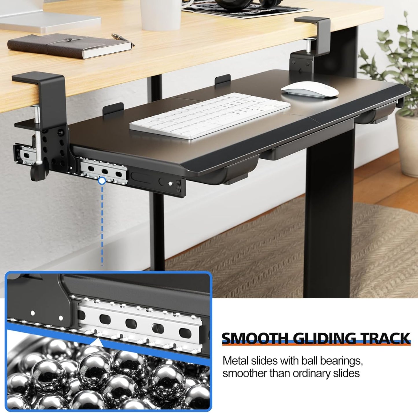 Large Height Adjustable Keyboard Tray with Sturdy C-Clamp Mount and Storage Drawer, 27"(31" Including Clamps) x 12" Slide Out Ergonomic Keyboard Trays for Home and Office, Black