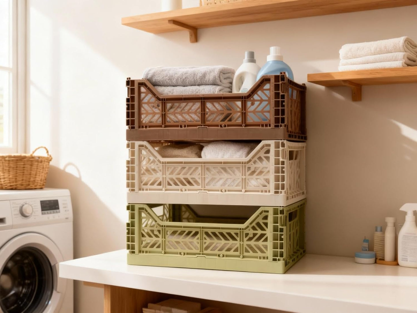 Collapsible Storage Box, Foldable Crate Organizer Bin with Handle, Stackable Crates for Home Organization (WarmTaupe-Lime-Coconut, 14L - 3 Pack)