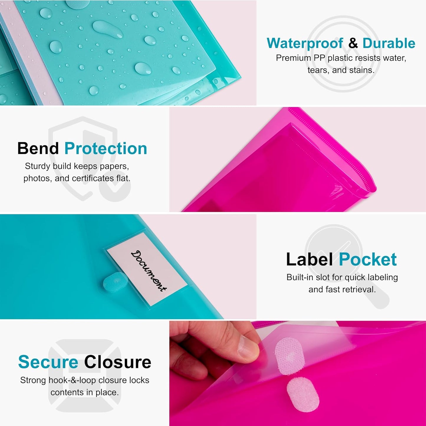 CATIFLIN 24 Pack Plastic Envelopes A4 Letter Size File Folders, Clear Poly Document Holders with Labels, Waterproof Pocket Pouches for School Office Home Organizer Supplies