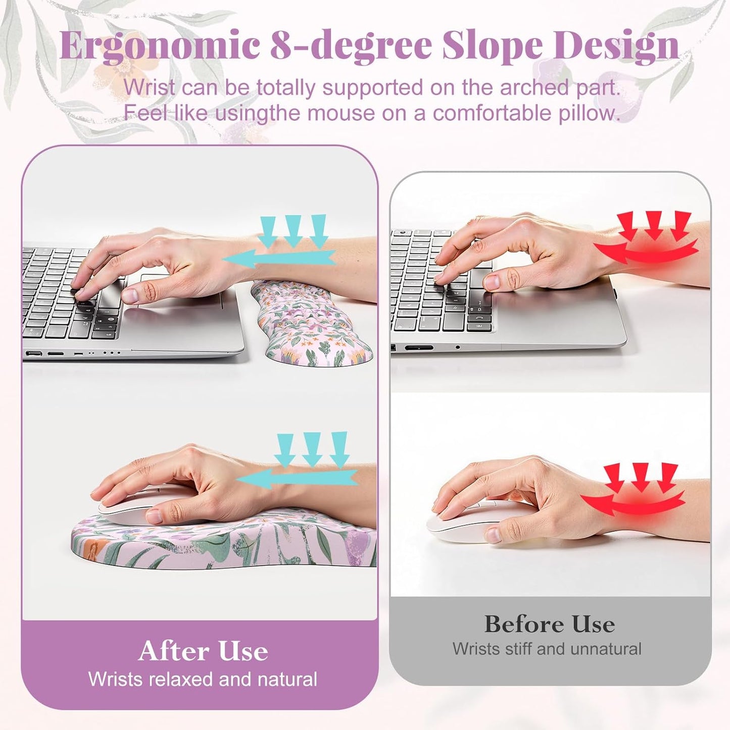 HAOCOO Mouse Pad with Wrist Rest Set, 3-in-1 Wrist Support Set, Floral Gaming Mousepad with Anti-Slip Base, Ergonomic Mouse Pad, Memory Foam Keyboard Gel Wrist Rest(Purple)