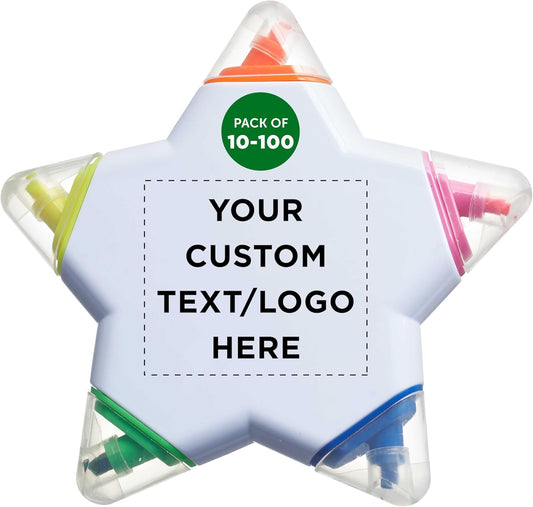 DISCOUNT PROMOS Custom Highlighters Set of 10/50/100, Personalized Bulk Pack Durable Chisel Tip Textbook Highlighters Handy and Easy to Store - Star