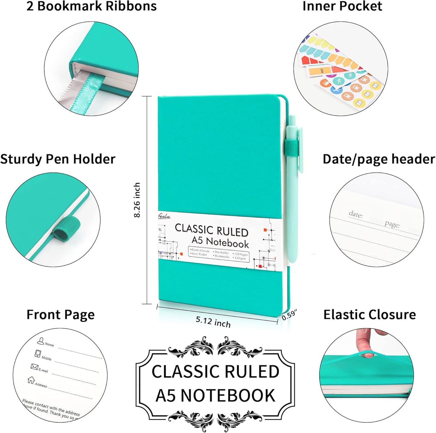 feela 3 Pack Notebooks Journals Bulk, Hardcover Notebook Classic Ruled Lined Journals with Pen Holder for Women Girls School Business Supplies, with 3 Black Pens, 120 GSM, 5.1”x8.3”, A5, Aqua