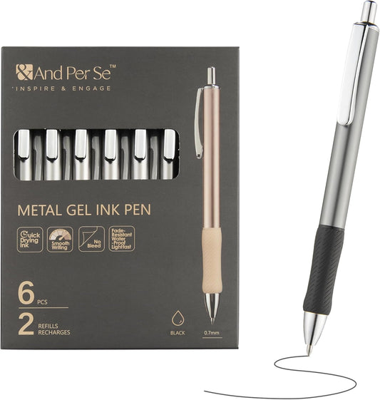 &And Per Se Metal Gel Pens, 6 Pcs 0.7mm Black Ink Pens, Medium Point Smooth Writing Pens, with 2 Extra Refills (Gunmetal Metal Barrel-Set)