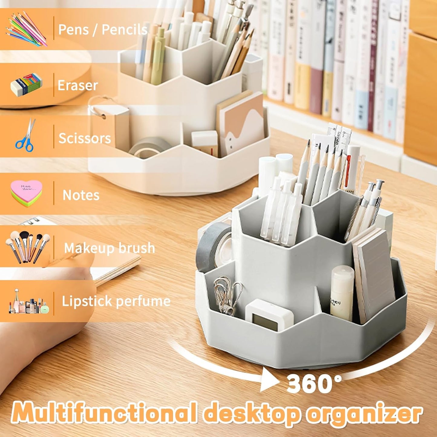 Pencil Pen Holder for Desk,9 Slots 360 Degree Rotating Desk Organizers,Desktop Storage Stationery Supplies Organizer, Cute Pencil Cup Pot For Office, School, Home(Grey)