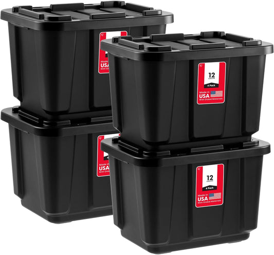 IRIS USA 4-Pack 12 Gallon Storage Bins with Lids |Made in USA| Heavy Duty Plastic Tote Containers for Truckbed Tool Box Organization, Large - Black