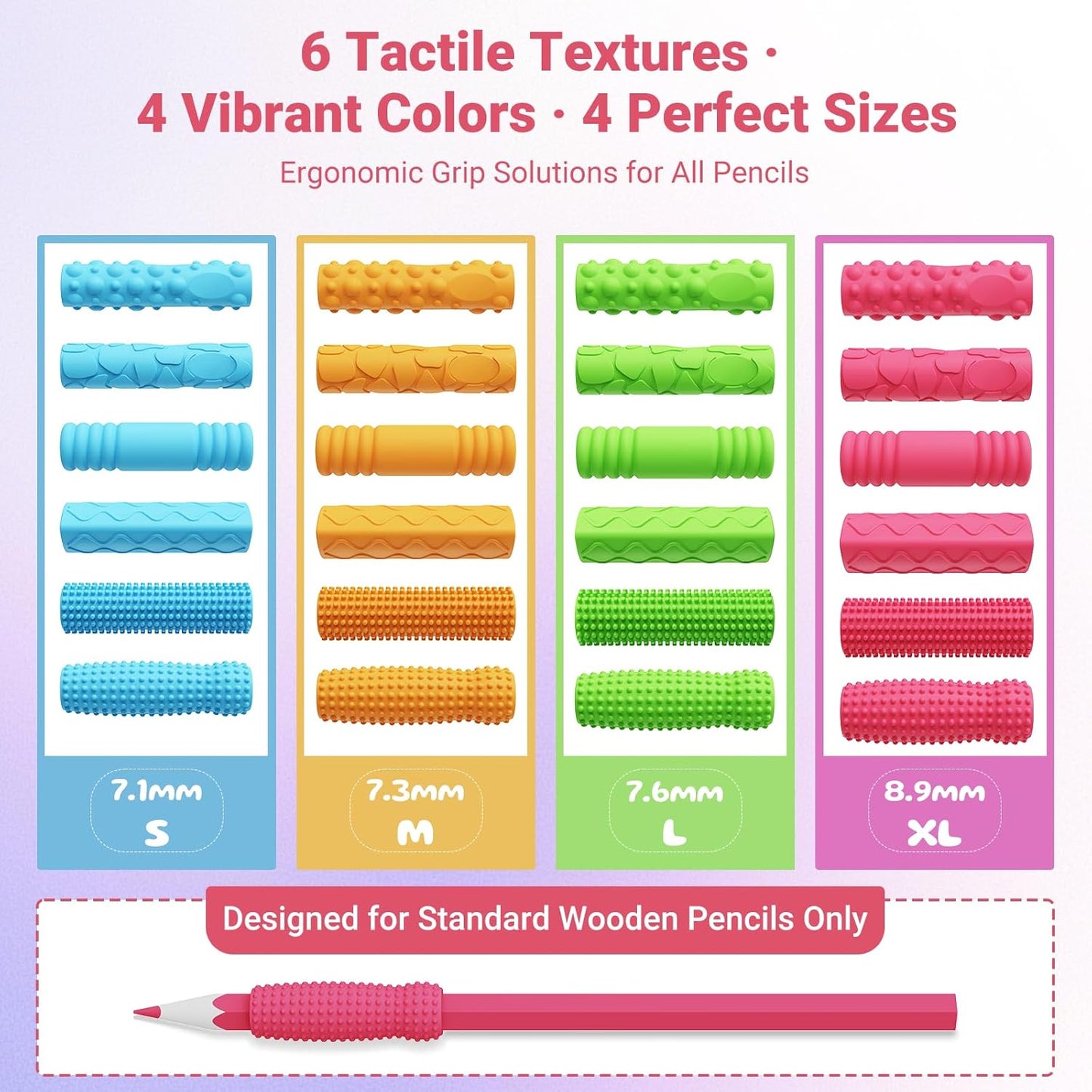 Sensory Textured Pencil Grips Fidget Toys, 24 Pack Four Sizes Silicone Pencil Grips for Kids Adults with Autism & ADHD Anxiety Relief, Quiet Handwriting Pencils Sleeve for Classroom School Office