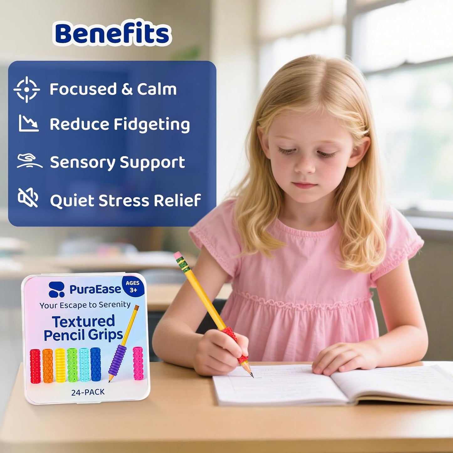 Textured Pencil Grips for Kids, Teens & Adults – 24PC Sensory Fidget Toys for ADHD, Autism, Anxiety & Stress Relief - Ideal for Teachers as Educational Tools or Classroom Rewards