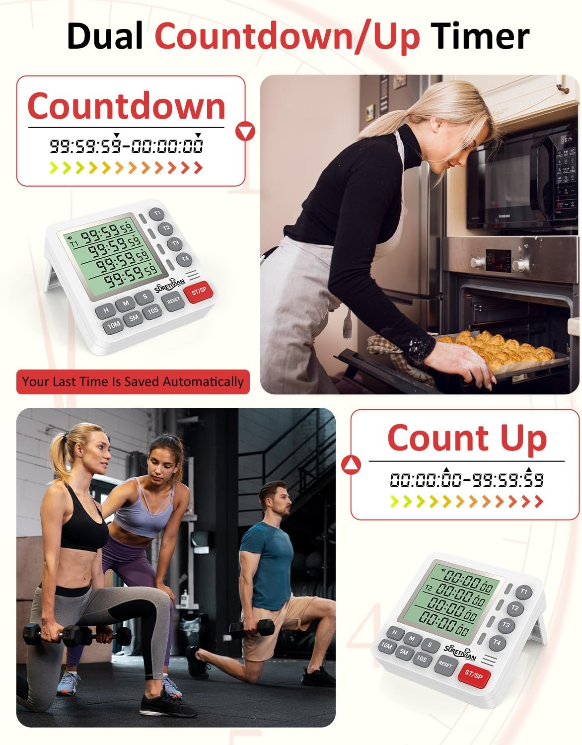 Digital Kitchen Timer for Cooking - 4 Channel Count Up Countdown Timer with Loud Alarm and Silent Mode, Large Display, Magnetic Back, Auto Memory for Classroom Study Gym, Battery Included (White&Grey)