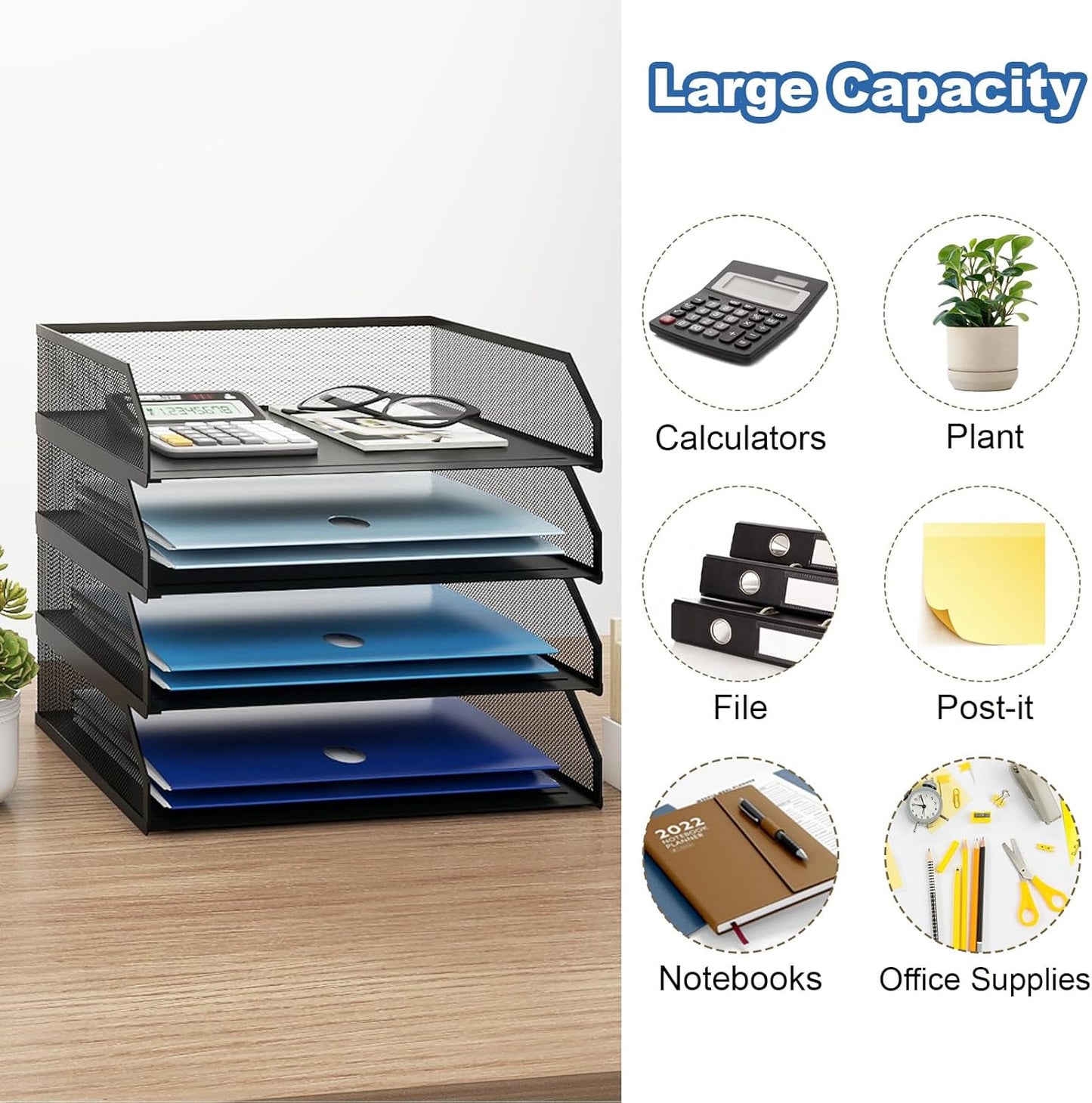 Natwind 4-Tier Stackable Paper Tray, Metal Mesh Desktop Organizer, A4 Paper Sorter, Letter Trays,File Folder Sorter Organizer with Sliding Tray for Home, Office, School (Black)