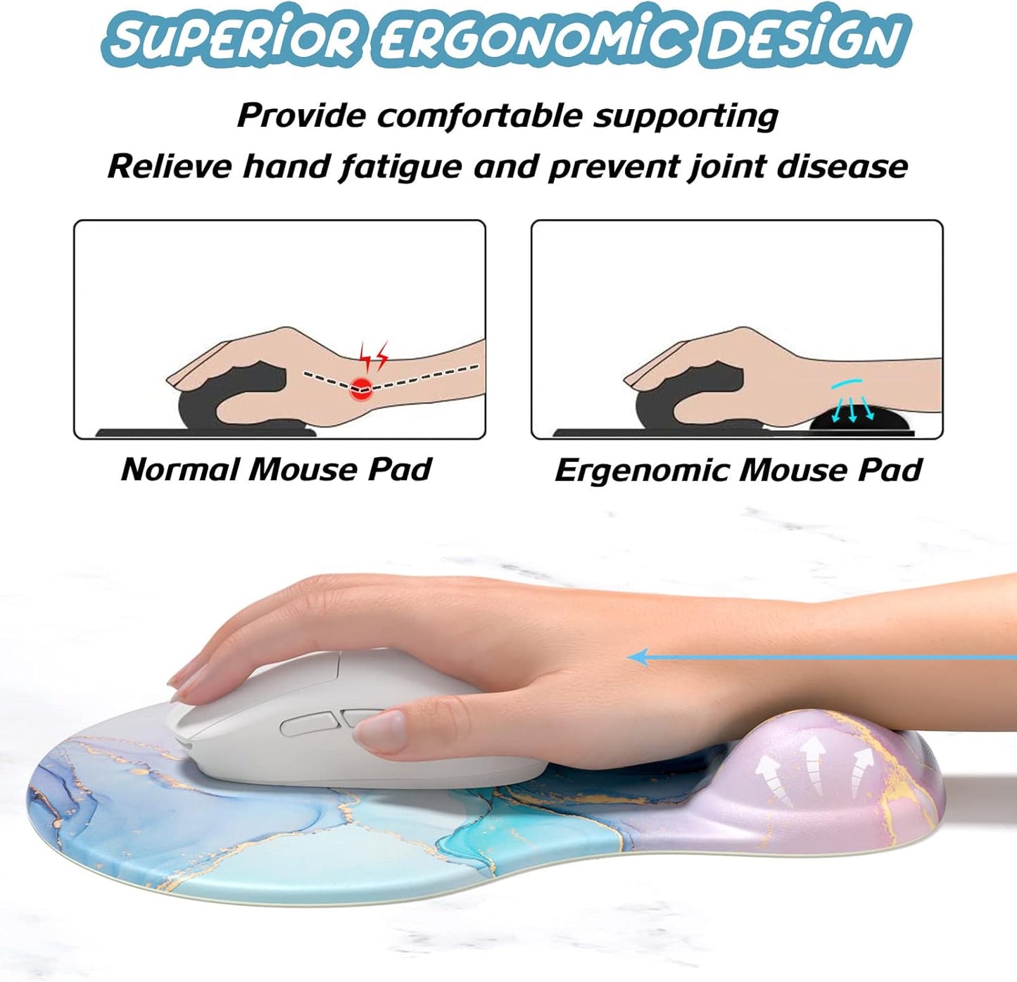 Hsurbtra Ergonomic Mouse Pad with Wrist Rest Support, Gel Mouse Pads with Non-Slip PU Base, Pain Relief Memory Foam Computer Mat, Cute Office Supplies Desk Decro Accessories, Marble