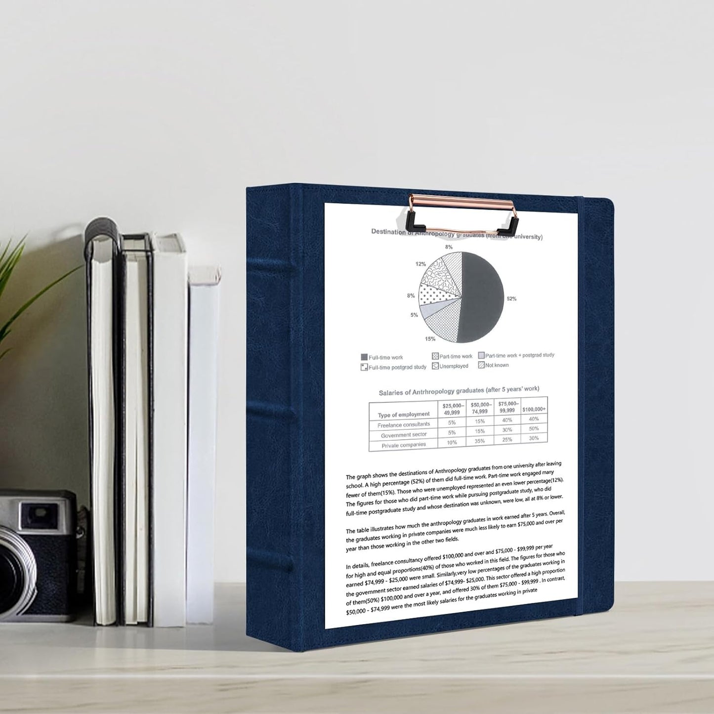 Ospelelf 3 Ring Binder With Clipboard - 2 Inch Vintage Leather Organizer for Letter Size (8.5" x 11"), Professional Dividers With 5 Tabs, Dark Blue