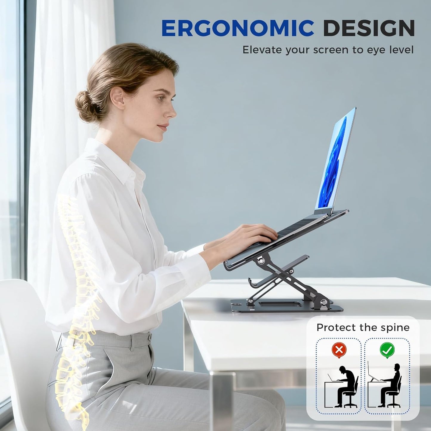 Ergonomic 2-in-1 Laptop Phone Stand for Desk, Adjustable Riser, Sturdy and Portable, Fits All Laptops and Phone (Black)