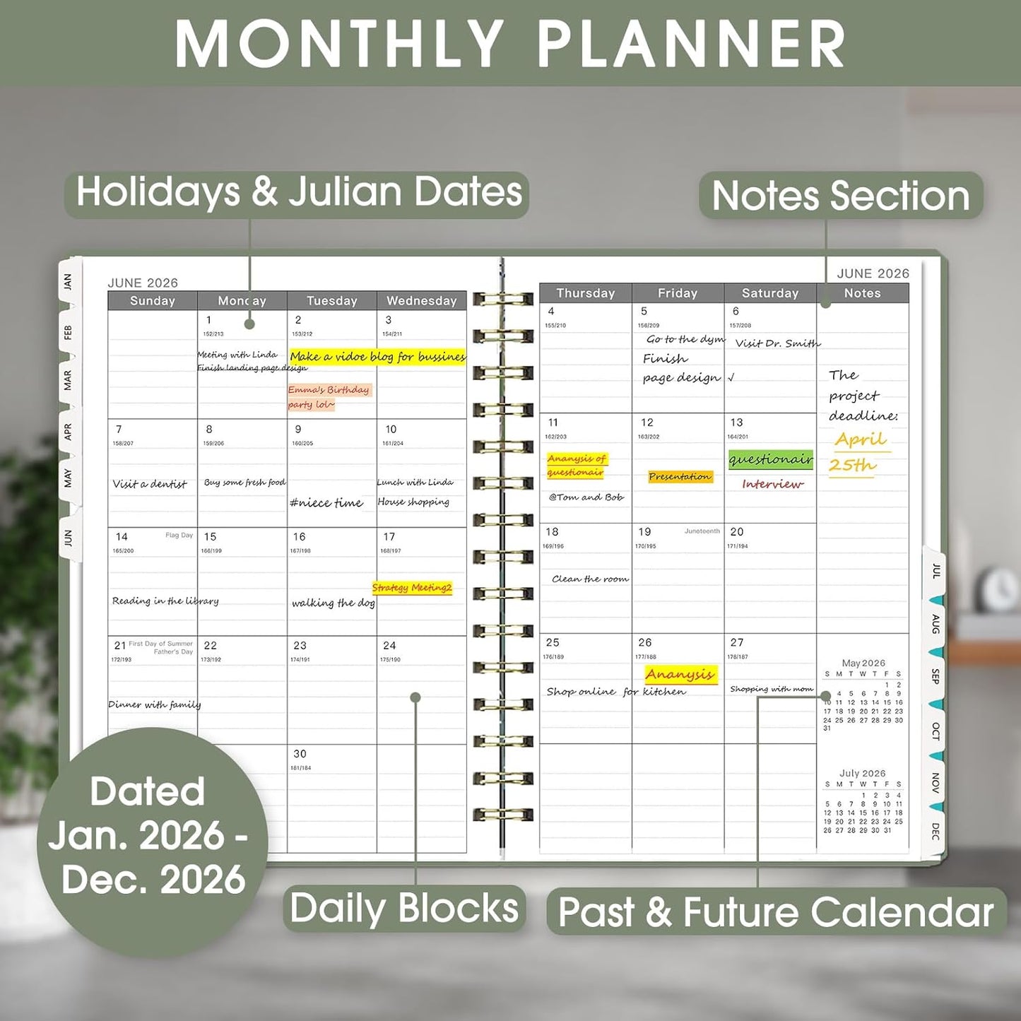 Ymumuda Academic Planner 2026, Daily Weekly and Monthly Calendar Planner (Jan. 2026-Dec. 2026),8.4"×6.3", Hardcover Notebook Teacher Supplies, Premium Thick Paper, Planners for School Work Office