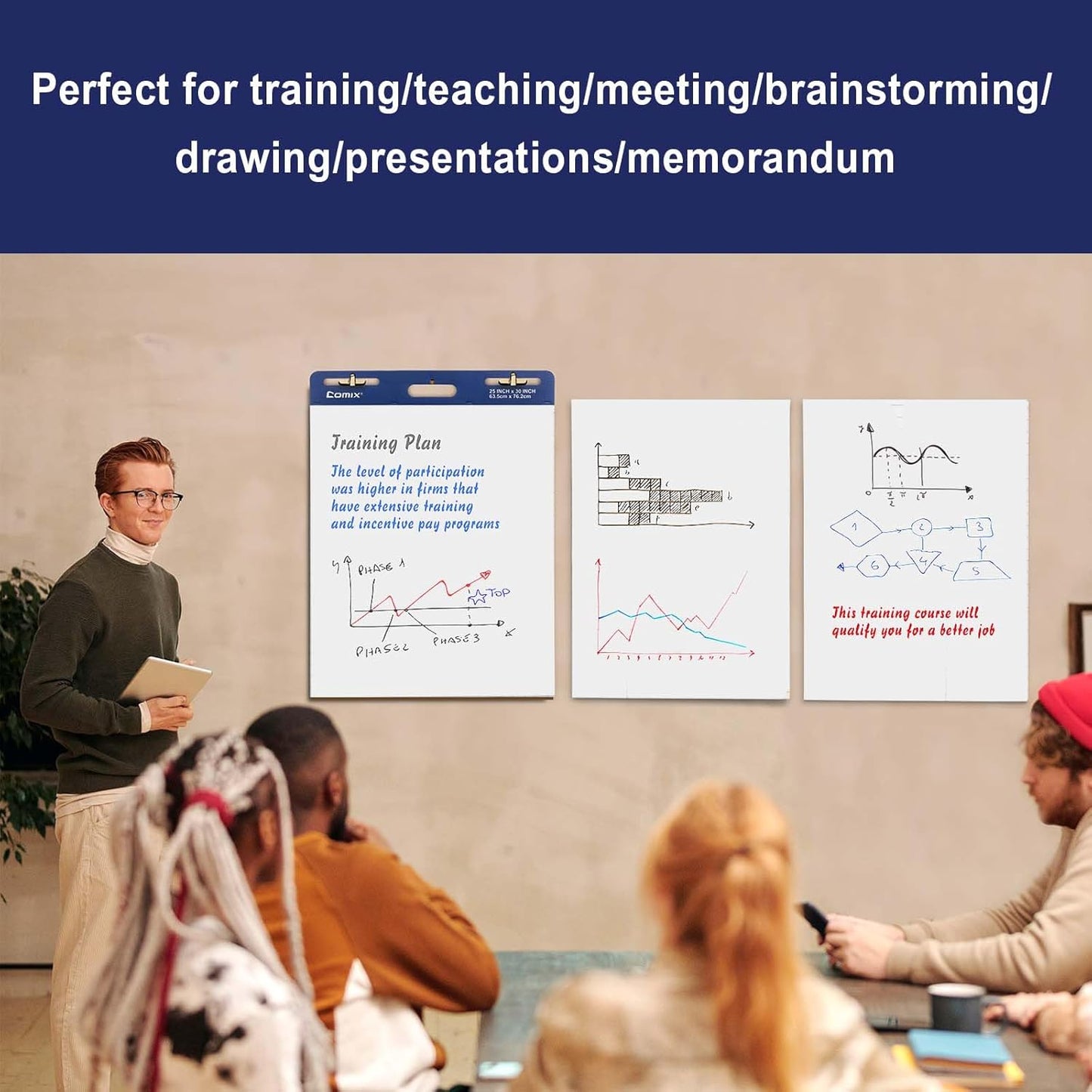 Comix Sticky Easel Pad, 25 x 30 Inches Flip Chart Paper for Teachers, Large Self Stick Easel Paper for Office School Classroom Supplies, 30 Sheets/Pad, 8 Pads/Pack