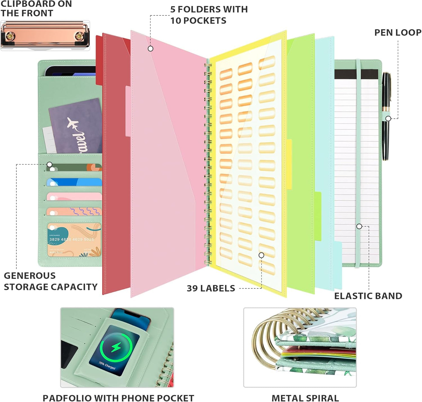 Ospelelf Clipboard with Storage, Leather Padfolio Portfolio Organizer 5 Folders with 10 Pockets, Spiral Clipboard Folio with Notepad for Letter Size, Elastic Closure and Pen Loop Green Plants