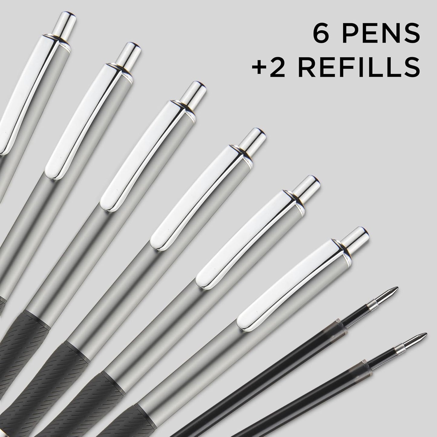 &And Per Se Metal Gel Pens, 6 Pcs 0.7mm Black Ink Pens, Medium Point Smooth Writing Pens, with 2 Extra Refills (Gunmetal Metal Barrel-Set)