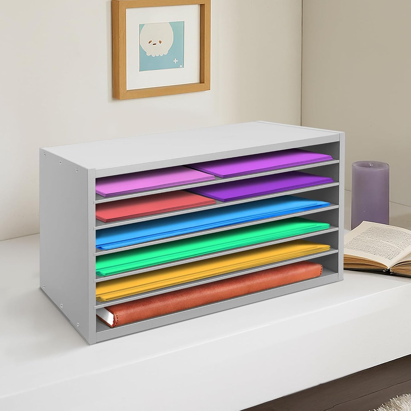 PROLEE Construction Paper Organizer 20" x 13.5" x12.2",Soild Wooden Paper Organizer with 6-Tier Letter Trays, Desktop File Papers Sorter for Home, Classroom and Office (Gray)