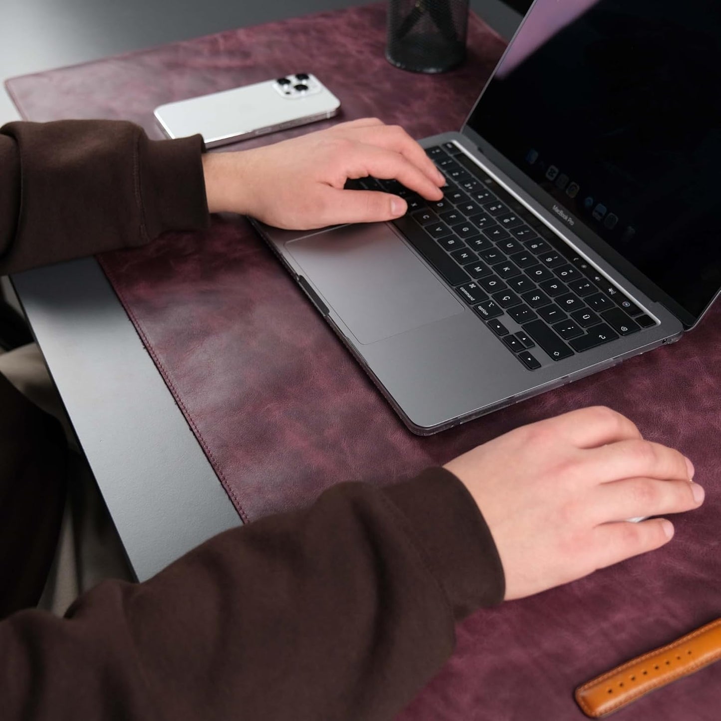 Jersey Genuine Calfskin Leather Desk Pad, Office Desk Mat with Non-Slip Bottom, Smooth Surface for Mouse & Keyboard, Desk Protector (36x19 inches) (Dark Purple)