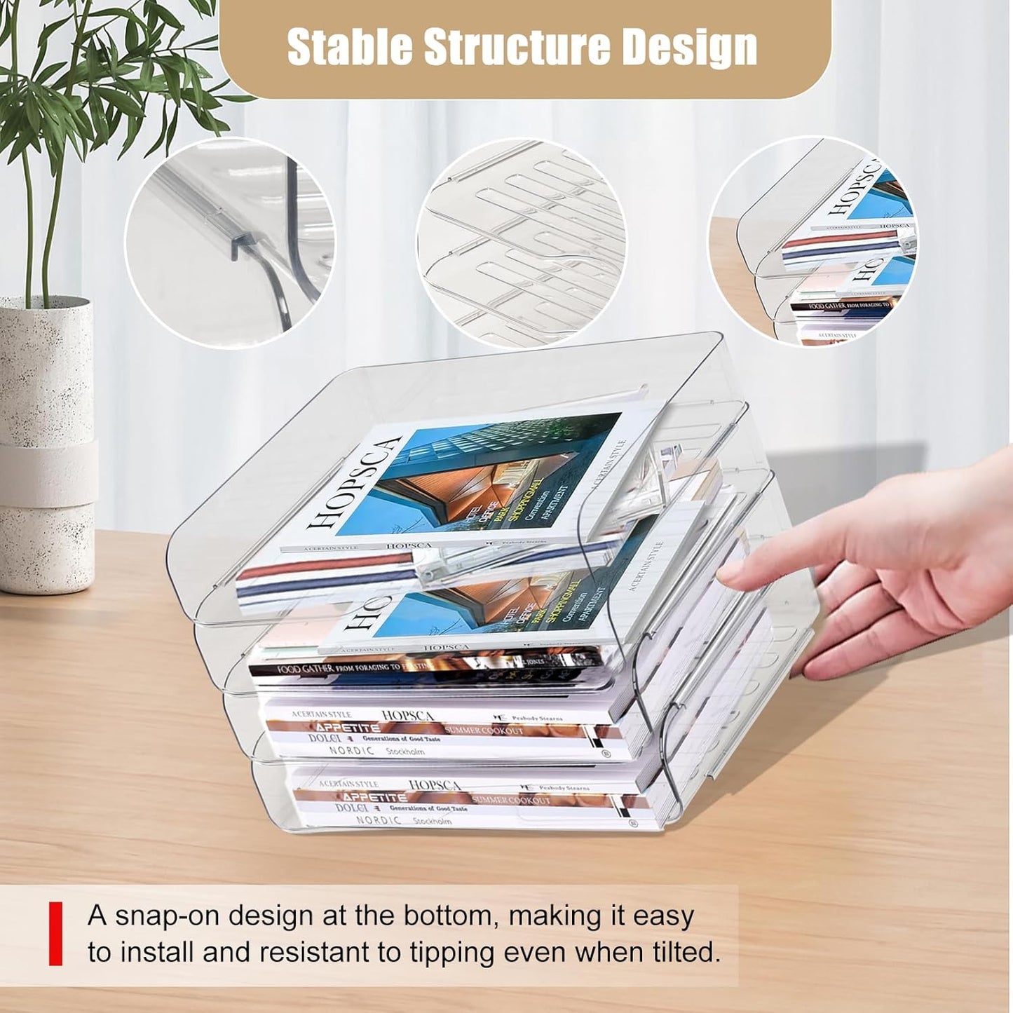 Clear Stackable Paper Trays 4 Pack, PET Letter Tray Desk Organizer, Desktop Organizers and Storage for Books, Magazines, Folders, A4 Size File Paper, Office Supplies