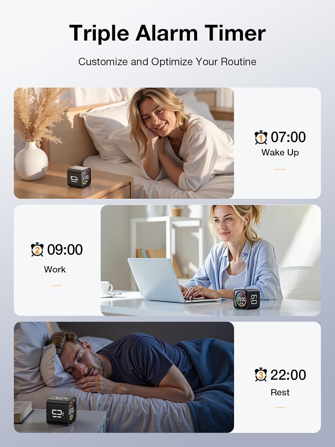 TK3 Pomodoro Timer Cube, Desk Productivity Timer with 5/10/30/60 Min Presets, Custom Countdown, Stopwatch, Clock, 3 Alarm, Silent, Vibrate & Sound Mode, for Task, ADHD, Study, Kitchen (Obsidian Black)
