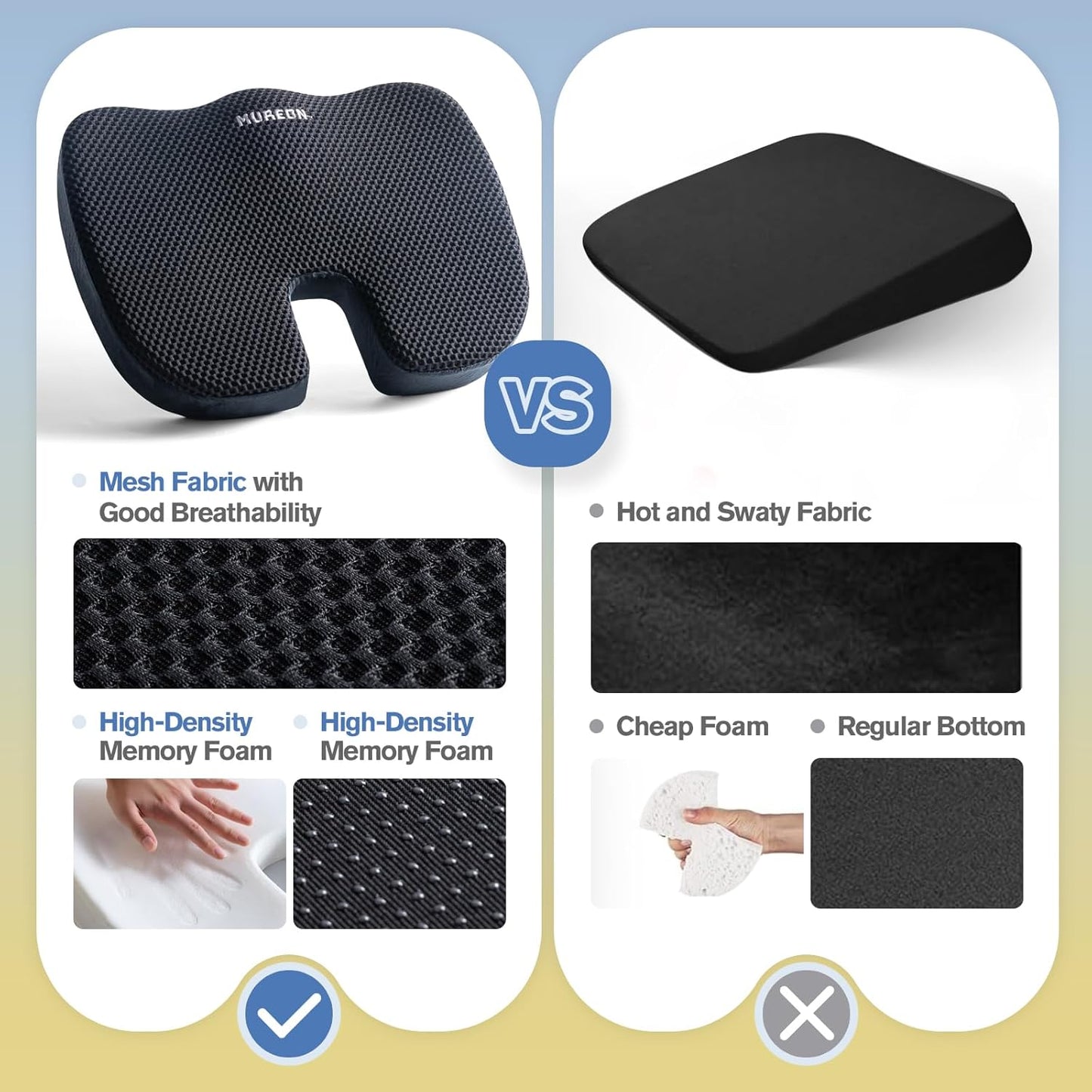 Seat Cushion for Office Chairs, Large Memory Foam Cushion for Car, Pressure Relief Ergonomic Chair Cushion with Non-Slip Cover for Soft Support for Hip All Day Comfort - Black